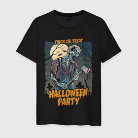 Мужская футболка хлопок с принтом Halloween party в Петрозаводске, 100% хлопок | прямой крой, круглый вырез горловины, длина до линии бедер, слегка спущенное плечо. | Тематика изображения на принте: axe | bat | blood | cross | halloween | horror | jaw | moon | night | party | skeleton | tomb | tree | view | zombie | вечеринка | гробница | дерево | крест | кровь | летучая мышь | луна | ночь | скелет | топор | хэллоуин