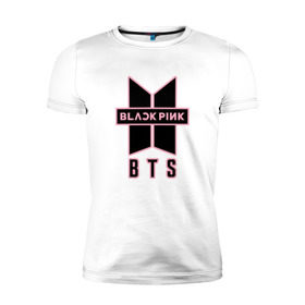Мужская футболка премиум с принтом BTS and BLACKPINK в Петрозаводске, 92% хлопок, 8% лайкра | приталенный силуэт, круглый вырез ворота, длина до линии бедра, короткий рукав | Тематика изображения на принте: bangtan boys | black | blackpink | bt21 | bts | k pop | pink | rose | блек пинк | блекпинк | блэк пинк | блэкпинк | бтс
