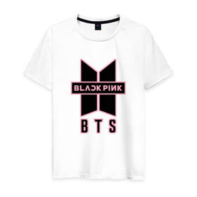 Мужская футболка хлопок с принтом BTS and BLACKPINK в Петрозаводске, 100% хлопок | прямой крой, круглый вырез горловины, длина до линии бедер, слегка спущенное плечо. | bangtan boys | black | blackpink | bt21 | bts | k pop | pink | rose | блек пинк | блекпинк | блэк пинк | блэкпинк | бтс