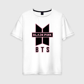 Женская футболка хлопок Oversize с принтом BTS and BLACKPINK в Петрозаводске, 100% хлопок | свободный крой, круглый ворот, спущенный рукав, длина до линии бедер
 | bangtan boys | black | blackpink | bt21 | bts | k pop | pink | rose | блек пинк | блекпинк | блэк пинк | блэкпинк | бтс