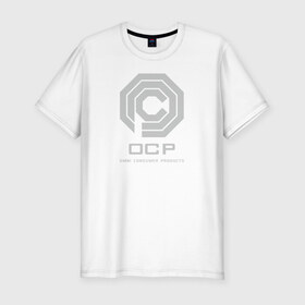 Мужская футболка премиум с принтом OCP в Петрозаводске, 92% хлопок, 8% лайкра | приталенный силуэт, круглый вырез ворота, длина до линии бедра, короткий рукав | omni consumer products | алекс мёрфи | робокоп. детройт