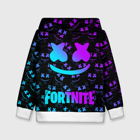 Детская толстовка 3D с принтом FORTNITE x MARSHMELLO NEON  в Петрозаводске, 100% полиэстер | двухслойный капюшон со шнурком для регулировки, мягкие манжеты на рукавах и по низу толстовки, спереди карман-кенгуру с мягким внутренним слоем | 2019 | armor | armour | cybersport | esport | fortnite | game | llama | logo | броня | игра | киберспорт | лама | фиолетовый | фирменные цвета | фортнайт