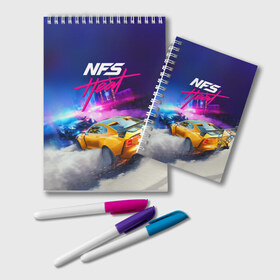 Блокнот с принтом NEED FOR SPEED - HEAT (2019) в Петрозаводске, 100% бумага | 48 листов, плотность листов — 60 г/м2, плотность картонной обложки — 250 г/м2. Листы скреплены удобной пружинной спиралью. Цвет линий — светло-серый
 | Тематика изображения на принте: 2019 | auto | for | game | games | heat | logo | need | neon | nfs | racing | speed | symbol | tuning | авто | гонки | жажда | жара | игра | игры | лого | логотип | неон | нфс | символ | скорости | тепло | тюнинг | хеат | хит | хот