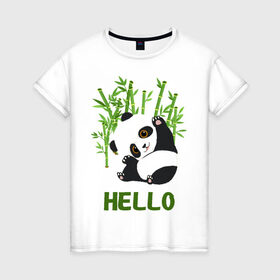 Женская футболка хлопок с принтом Panda Hello в Петрозаводске, 100% хлопок | прямой крой, круглый вырез горловины, длина до линии бедер, слегка спущенное плечо | panda hello | животные | панда | панды | привет