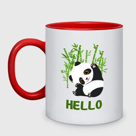 Кружка двухцветная с принтом Panda Hello в Петрозаводске, керамика | объем — 330 мл, диаметр — 80 мм. Цветная ручка и кайма сверху, в некоторых цветах — вся внутренняя часть | panda hello | животные | панда | панды | привет
