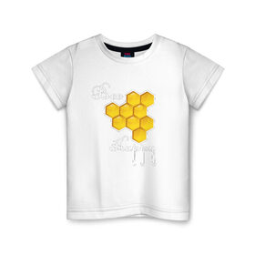 Детская футболка хлопок с принтом Bee happy! в Петрозаводске, 100% хлопок | круглый вырез горловины, полуприлегающий силуэт, длина до линии бедер | Тематика изображения на принте: be | bee | happy | весело | мед | пчела | соты | счастье