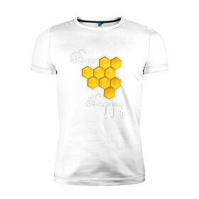 Мужская футболка премиум с принтом Bee happy! в Петрозаводске, 92% хлопок, 8% лайкра | приталенный силуэт, круглый вырез ворота, длина до линии бедра, короткий рукав | be | bee | happy | весело | мед | пчела | соты | счастье