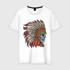 Мужская футболка хлопок с принтом Череп Индеец в Петрозаводске, 100% хлопок | прямой крой, круглый вырез горловины, длина до линии бедер, слегка спущенное плечо. | indians | skull | индеец | индейцы | череп | черепа