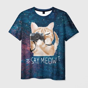 Мужская футболка 3D с принтом Say Meow в Петрозаводске, 100% полиэфир | прямой крой, круглый вырез горловины, длина до линии бедер | Тематика изображения на принте: meow | кот | котенок | котик | котики | котятка | кошка | мяу | скажи мяу | фотоаппарат | фотограф