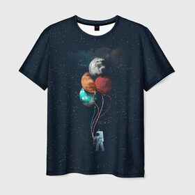 Мужская футболка 3D с принтом Космонавт с Планетами в Петрозаводске, 100% полиэфир | прямой крой, круглый вырез горловины, длина до линии бедер | astronaut | cosmonaut | nasa | planet | stars | астронавт | в космосе | галактика | космонавт | космос | планеты | с шариками | шарики