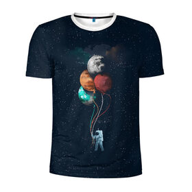 Мужская футболка 3D спортивная с принтом Космонавт с Планетами в Петрозаводске, 100% полиэстер с улучшенными характеристиками | приталенный силуэт, круглая горловина, широкие плечи, сужается к линии бедра | astronaut | cosmonaut | nasa | planet | stars | астронавт | в космосе | галактика | космонавт | космос | планеты | с шариками | шарики