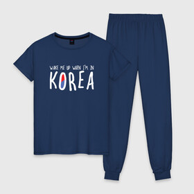 Женская пижама хлопок с принтом Разбуди меня в Корее в Петрозаводске, 100% хлопок | брюки и футболка прямого кроя, без карманов, на брюках мягкая резинка на поясе и по низу штанин | Тематика изображения на принте: k pop | korea | korean | корея | разбуди меня в корее | разбуди меня когда я буду в корее | южная корея