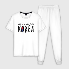 Мужская пижама хлопок с принтом Разбуди меня в Корее в Петрозаводске, 100% хлопок | брюки и футболка прямого кроя, без карманов, на брюках мягкая резинка на поясе и по низу штанин
 | Тематика изображения на принте: k pop | korea | korean | корея | разбуди меня в корее | разбуди меня когда я буду в корее | южная корея