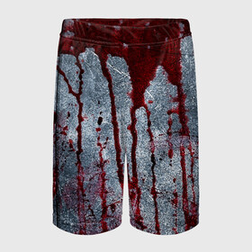 Детские спортивные шорты 3D с принтом Кровь на металле в Петрозаводске,  100% полиэстер
 | пояс оформлен широкой мягкой резинкой, ткань тянется
 | blood | bloody | horror | texture | абстракция | брызги | в крови | краска | красная краска | кровавая | кровь | текстура | ужас