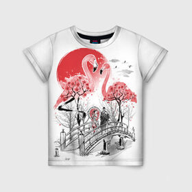 Детская футболка 3D с принтом Сад Фламинго в Петрозаводске, 100% гипоаллергенный полиэфир | прямой крой, круглый вырез горловины, длина до линии бедер, чуть спущенное плечо, ткань немного тянется | bridge | flamingo | garden | geisha | japan | pink | sakura | samurai | tradition | мост | розовый | сад | сакура | самурай | традиция | фламинго | япония