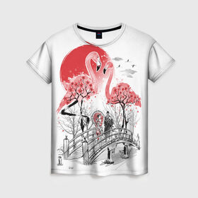 Женская футболка 3D с принтом Сад Фламинго в Петрозаводске, 100% полиэфир ( синтетическое хлопкоподобное полотно) | прямой крой, круглый вырез горловины, длина до линии бедер | bridge | flamingo | garden | geisha | japan | pink | sakura | samurai | tradition | мост | розовый | сад | сакура | самурай | традиция | фламинго | япония