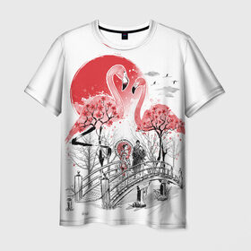 Мужская футболка 3D с принтом Сад Фламинго в Петрозаводске, 100% полиэфир | прямой крой, круглый вырез горловины, длина до линии бедер | bridge | flamingo | garden | geisha | japan | pink | sakura | samurai | tradition | мост | розовый | сад | сакура | самурай | традиция | фламинго | япония