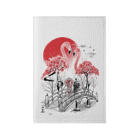 Обложка для паспорта матовая кожа с принтом Сад Фламинго в Петрозаводске, натуральная матовая кожа | размер 19,3 х 13,7 см; прозрачные пластиковые крепления | Тематика изображения на принте: bridge | flamingo | garden | geisha | japan | pink | sakura | samurai | tradition | мост | розовый | сад | сакура | самурай | традиция | фламинго | япония