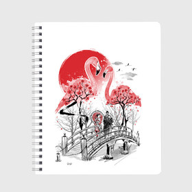 Тетрадь с принтом Сад Фламинго в Петрозаводске, 100% бумага | 48 листов, плотность листов — 60 г/м2, плотность картонной обложки — 250 г/м2. Листы скреплены сбоку удобной пружинной спиралью. Уголки страниц и обложки скругленные. Цвет линий — светло-серый
 | Тематика изображения на принте: bridge | flamingo | garden | geisha | japan | pink | sakura | samurai | tradition | мост | розовый | сад | сакура | самурай | традиция | фламинго | япония