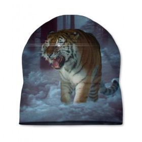 Шапка 3D с принтом ТИГР В СУМЕРЕЧНОМ ЛЕСУ в Петрозаводске, 100% полиэстер | универсальный размер, печать по всей поверхности изделия | tiger | в лесу | дикая | кошка | лес | природа | тигр | тигренок | тигрица | тигры