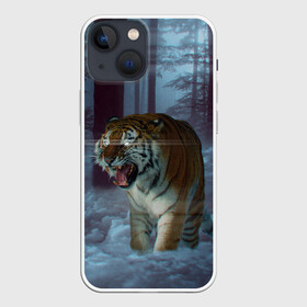 Чехол для iPhone 13 mini с принтом ТИГР В СУМЕРЕЧНОМ ЛЕСУ в Петрозаводске,  |  | Тематика изображения на принте: tiger | в лесу | дикая | кошка | лес | природа | тигр | тигренок | тигрица | тигры