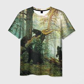 Мужская футболка 3D с принтом Утро в сосновом лесу в Петрозаводске, 100% полиэфир | прямой крой, круглый вырез горловины, длина до линии бедер | Тематика изображения на принте: живопись | искусство | картина | художники | шедевры