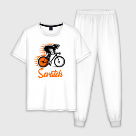 Мужская пижама хлопок с принтом Scratch в Петрозаводске, 100% хлопок | брюки и футболка прямого кроя, без карманов, на брюках мягкая резинка на поясе и по низу штанин
 | Тематика изображения на принте: bicycle racer | bicycling | bike | helmet | race | scratch | speed | sportsman | trek | велогонка | велогонщик | велосипед | гонка | скорость | спортсмен | трек | шлем