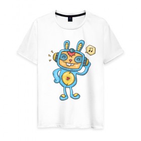 Мужская футболка хлопок с принтом Заяц меломан в Петрозаводске, 100% хлопок | прямой крой, круглый вырез горловины, длина до линии бедер, слегка спущенное плечо. | 