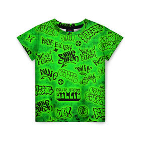 Детская футболка 3D с принтом Billie Eilish Graffiti glow в Петрозаводске, 100% гипоаллергенный полиэфир | прямой крой, круглый вырез горловины, длина до линии бедер, чуть спущенное плечо, ткань немного тянется | billie | eilish | glow | graffiti | grunge | айлиш | билли | граффити | кислота | татуировки