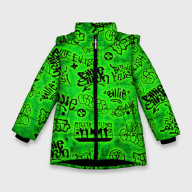 Зимняя куртка для девочек 3D с принтом Billie Eilish Graffiti glow в Петрозаводске, ткань верха — 100% полиэстер; подклад — 100% полиэстер, утеплитель — 100% полиэстер. | длина ниже бедра, удлиненная спинка, воротник стойка и отстегивающийся капюшон. Есть боковые карманы с листочкой на кнопках, утяжки по низу изделия и внутренний карман на молнии. 

Предусмотрены светоотражающий принт на спинке, радужный светоотражающий элемент на пуллере молнии и на резинке для утяжки. | Тематика изображения на принте: billie | eilish | glow | graffiti | grunge | айлиш | билли | граффити | кислота | татуировки