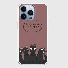 Чехол для iPhone 13 Pro с принтом ПОКОРМИ НАС ЧЕЛОВЕК в Петрозаводске,  |  | Тематика изображения на принте: животные | котики | коты | кошки | мемы | милые | фразы
