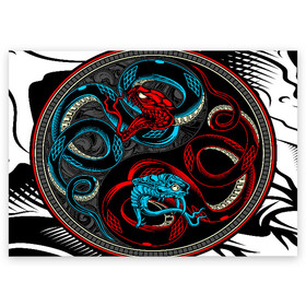 Поздравительная открытка с принтом Инь янь змеи в Петрозаводске, 100% бумага | плотность бумаги 280 г/м2, матовая, на обратной стороне линовка и место для марки
 | abstract | snake | tribal | абстракция | змеи | змея | инь | трайбл | янь
