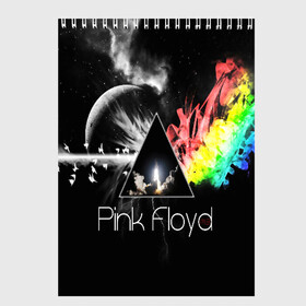 Скетчбук с принтом PINK FLOYD в Петрозаводске, 100% бумага
 | 48 листов, плотность листов — 100 г/м2, плотность картонной обложки — 250 г/м2. Листы скреплены сверху удобной пружинной спиралью | Тематика изображения на принте: music | pink floyd | the dark side of the moon | космос | луна | музыка | пинк флойд | призма | рок | треугольник | триангулярная призма