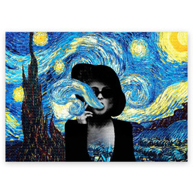 Поздравительная открытка с принтом Марла на картине Ван Гога в Петрозаводске, 100% бумага | плотность бумаги 280 г/м2, матовая, на обратной стороне линовка и место для марки
 | ван гог | вангог | звездная ночь | картина | марла | марла сингер | модернизм | постмодерн | художник | экспонат | экспрессионизм