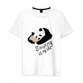 Мужская футболка хлопок с принтом Спящая Панда в Петрозаводске, 100% хлопок | прямой крой, круглый вырез горловины, длина до линии бедер, слегка спущенное плечо. | sleeping is my life | панда | сон | спать | спать это моя жизнь