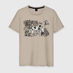 Мужская футболка хлопок с принтом Охотничьи собаки в Петрозаводске, 100% хлопок | прямой крой, круглый вырез горловины, длина до линии бедер, слегка спущенное плечо. | hunt | hunter | охота | охотник | пес | рисунок | собаки | туризм | хобби