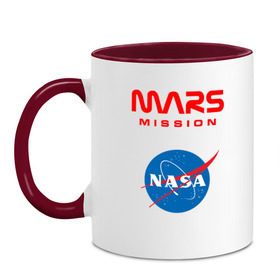 Кружка двухцветная с принтом Nasa Mars mission в Петрозаводске, керамика | объем — 330 мл, диаметр — 80 мм. Цветная ручка и кайма сверху, в некоторых цветах — вся внутренняя часть | Тематика изображения на принте: mars mission | миссия марс | наса | насса