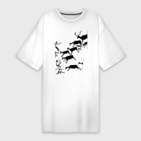 Платье-футболка хлопок с принтом Первобытная охота в Петрозаводске,  |  | cave art | hunter | археология | древность | наскальные рисунки | охота | охотник | первобытная охота | пещерные люди