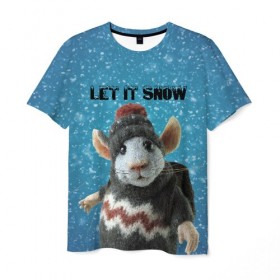 Мужская футболка 3D с принтом LET IT SNOW в Петрозаводске, 100% полиэфир | прямой крой, круглый вырез горловины, длина до линии бедер | Тематика изображения на принте: let it snow | new year | new year 2020 | год крысы | зима | крыса | крыска | мышонок | мышь | надпись | новый год | новый год 2020 | снег | снежинки