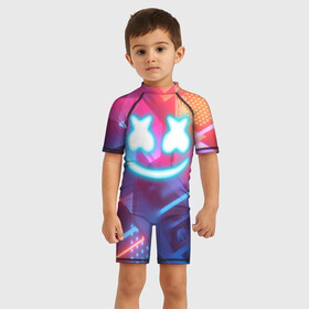 Детский купальный костюм 3D с принтом MARSHMELLO NEON в Петрозаводске, Полиэстер 85%, Спандекс 15% | застежка на молнии на спине | america | dj | marshmello | usa | америка | маршмелло