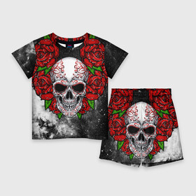 Детский костюм с шортами 3D с принтом Skull and Roses в Петрозаводске,  |  | flowers | muertos | roses | skull | space | tribal | звезды | космос | лепестки | муэртос | розы | трайбл | цветы | череп