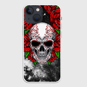 Чехол для iPhone 13 mini с принтом Skull and Roses в Петрозаводске,  |  | flowers | muertos | roses | skull | space | tribal | звезды | космос | лепестки | муэртос | розы | трайбл | цветы | череп