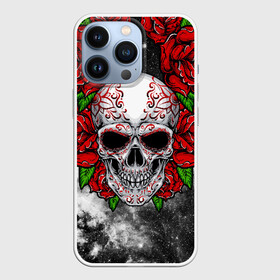 Чехол для iPhone 13 Pro с принтом Skull and Roses в Петрозаводске,  |  | flowers | muertos | roses | skull | space | tribal | звезды | космос | лепестки | муэртос | розы | трайбл | цветы | череп