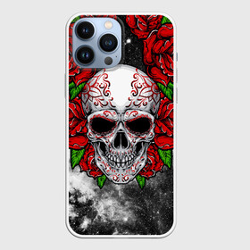 Чехол для iPhone 13 Pro Max с принтом Skull and Roses в Петрозаводске,  |  | flowers | muertos | roses | skull | space | tribal | звезды | космос | лепестки | муэртос | розы | трайбл | цветы | череп