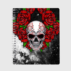 Тетрадь с принтом Skull and Roses в Петрозаводске, 100% бумага | 48 листов, плотность листов — 60 г/м2, плотность картонной обложки — 250 г/м2. Листы скреплены сбоку удобной пружинной спиралью. Уголки страниц и обложки скругленные. Цвет линий — светло-серый
 | Тематика изображения на принте: flowers | muertos | roses | skull | space | tribal | звезды | космос | лепестки | муэртос | розы | трайбл | цветы | череп