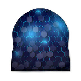 Шапка 3D с принтом Синие соты в неоне в Петрозаводске, 100% полиэстер | универсальный размер, печать по всей поверхности изделия | неон | неоновые соты | синие соты | соты