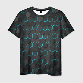 Мужская футболка 3D с принтом Turquoise Octagon в Петрозаводске, 100% полиэфир | прямой крой, круглый вырез горловины, длина до линии бедер | octagon | бирюзовые соты | бирюзовый | неон | неоновые соты | октагон | соты
