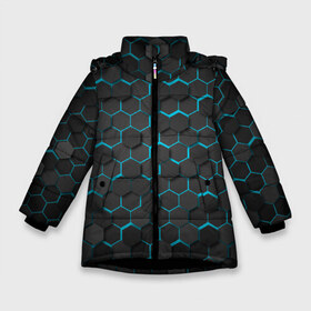 Зимняя куртка для девочек 3D с принтом Turquoise Octagon в Петрозаводске, ткань верха — 100% полиэстер; подклад — 100% полиэстер, утеплитель — 100% полиэстер. | длина ниже бедра, удлиненная спинка, воротник стойка и отстегивающийся капюшон. Есть боковые карманы с листочкой на кнопках, утяжки по низу изделия и внутренний карман на молнии. 

Предусмотрены светоотражающий принт на спинке, радужный светоотражающий элемент на пуллере молнии и на резинке для утяжки. | octagon | бирюзовые соты | бирюзовый | неон | неоновые соты | октагон | соты