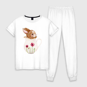 Женская пижама хлопок с принтом Зайчик в вазочке в Петрозаводске, 100% хлопок | брюки и футболка прямого кроя, без карманов, на брюках мягкая резинка на поясе и по низу штанин | ваза | заяц | кролик | розовая | цветы