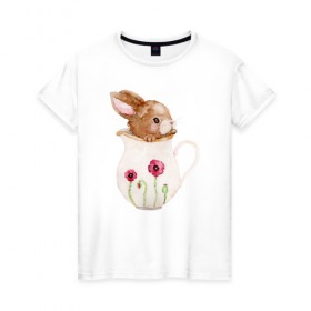 Женская футболка хлопок с принтом Зайчик в вазочке в Петрозаводске, 100% хлопок | прямой крой, круглый вырез горловины, длина до линии бедер, слегка спущенное плечо | ваза | заяц | кролик | розовая | цветы